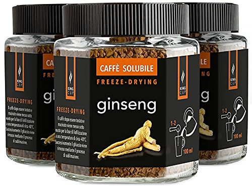 King Cup - 3 pots de 50gr chacun de café soluble au ginseng, café au ginseng aromatisé instantané avec solubilité supplémentaire, idéal pour le petit-déjeuner, le brunch, sans gluten, végétalien