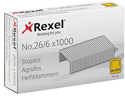 Rexel No.56 (26/6) grapas, grapa hasta 20 hojas, tamaño estándar para grapadoras y alicates de escritorio Caja de 20 x 1000 (20.000) grapas, (2115727)