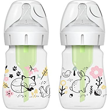 Dr. Brown's Natural Flow® Anti-Colic Options+™ Weithals-Babyflasche, Designer-Edition, Woodland-Dekos, 150 ml, Level 1 Nippel, 2er-Pack, 0 m +
