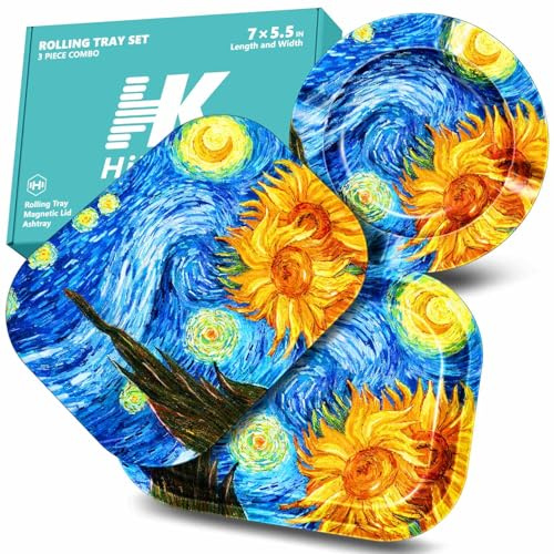 HiKeep Rolling Tray with Magnetic Lid, Ash Tray Outdoors, Outdoor Ashtray for Outside Patio, Ashtrays for Smokers Indoor, Home Table Decor, Cool Ashtrays for Cigarettes, Smoking Accessories - Set of 3