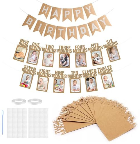 Fotogirlande 1. Geburtstag und Happy Birthday Girlande Set - Foto Banner Erster Geburtstag Kraftpapier Rahmen Geburtstagsgirlande für New Baby bis 12 Monate Junge Mädchen Geburtstagsfeier