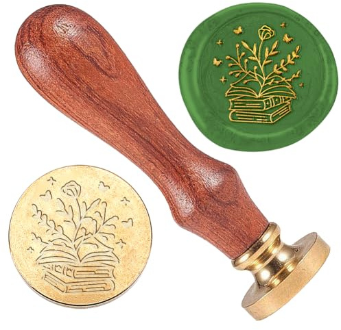 DELORIGIN Book Flower Wax Seal Stamp Wedding Invitations Embossed Stamp Sealing Removable 1 Brass Wax Seal Stamp Head with Wooden Handle Envelopes Gift Wrapping Decoration Craft Adhesive Waxing