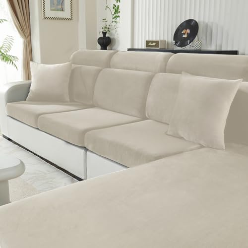 CYCMACO Funda Asiento Sofa Terciopelo 1 Asiento-X, Beige | Elástica Funda Cojin Sofa Ajustable Protector, Antideslizante, Separado, Universal, Lavable