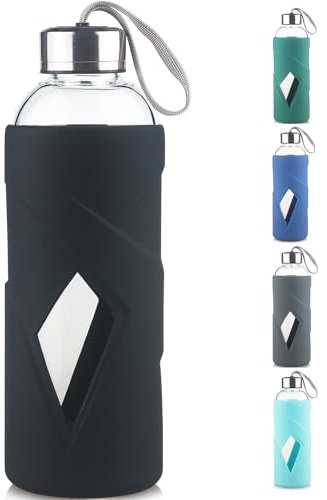 SHOW INGENUITY 1000ml Borosilicate Glass Water Bottle BPA Free Reusable Glass Drinking Bottle with Silicone Sleeve and Stainless Steel Lid