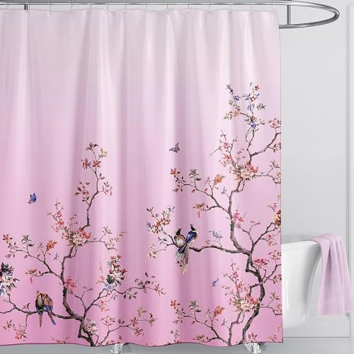 LIVETTY Pink Bird Floral Shower Curtain 180cm × 200cm Mould Proof Butterfly Fabric Bathroom curtain For Women & Men With 12 Hooks Washable Quick-Drying Curtains