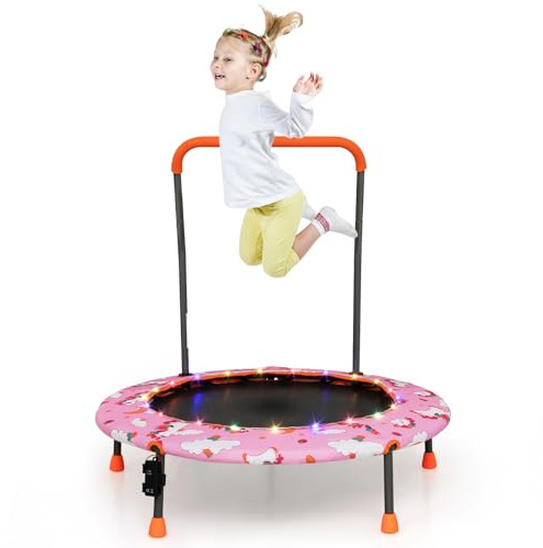COSTWAY Trampoline Ø92CM avec 21 Lumières LED & Poignée Amovible, Mini Trampoline Exterieur pour Enfant avec Motif d'Astronaute & Tapis Antidérapant, 3-6 Ans