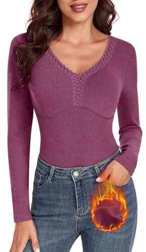 WOWENY Camiseta térmica para Mujer Manga Larga con Encaje Cuello en V Forro Polar Tops Elegantes Camiseta Interior cálida para Invierno