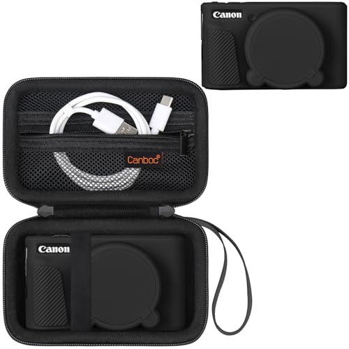 Canboc Tasche für Canon PowerShot SX740 SX730 HS Digitalkamera, 1* Hartschalenkoffer + 1* Weiche Silikon-Schutzhülle mit Abnehmbarer Objektivabdeckung, Schwarz (nur Tasche)