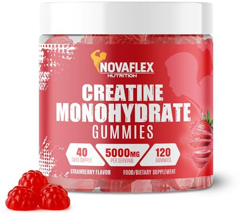 NovaFlex Nutrition - Creatine Monohydrate Gummies 5000mg - Muscle Growth, Strength & Recovery - Sugar Free Pre-Workout - 40 Day Supply - Vegan Creatine - Strawberry Flavour - Men & Women