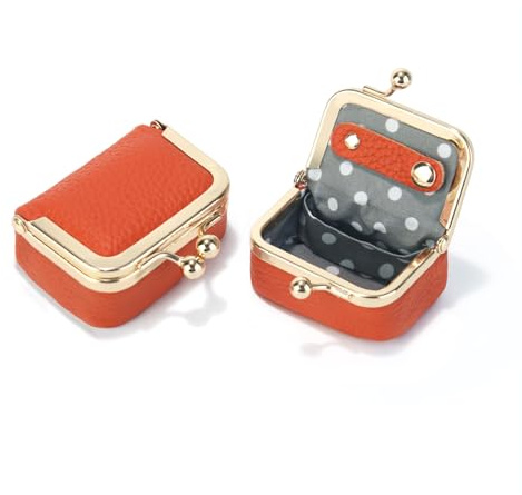 Nefokfdus Genuine Leather Mini Jewelry Box Coin Purse for Women,Solid Color Kiss Lock Jewelry Case Organizer,Mini Travel Ring Box, Orange, Small