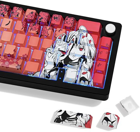 JOLINTAL Cherry Profile PBT Keycaps, White Red Anime Key Caps for Keyboard | Dye Sublimation, Side Print Shine Through Custom Keycap Set for 61/64/75/84/87/104/108 Mechanical Gaming Keyboard, 131 Keys