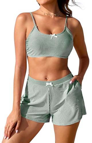 SHEKINI Women Two Piece Bikini Set with Pockets High Wasited Swimwear Shorts Bow Ties Striped Bathing Suit Cute Swimsuit, Green, Small