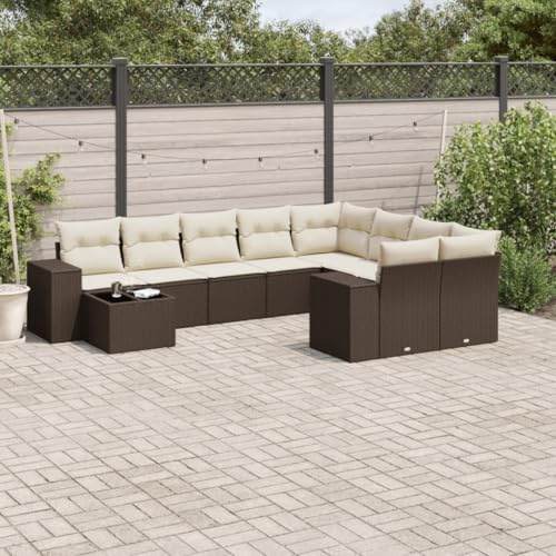 QJBSAVVA Ensemble de 10 meubles de jardin en rotin, marron, avec table en verre, 62 x 62 x 69 cm, groupe de sièges d'extérieur modulaires, pour balcon, jardin, terrasse