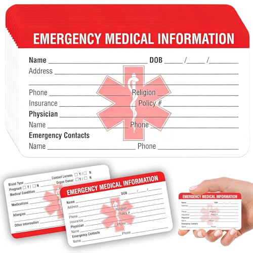 CQXSYTBN Tarjetas de información médica de Emergencia, Pack de 10 Tarjetas de Alerta con Contacto de Emergencia para Cartera, Bolso o teléfono, fáciles de identificar