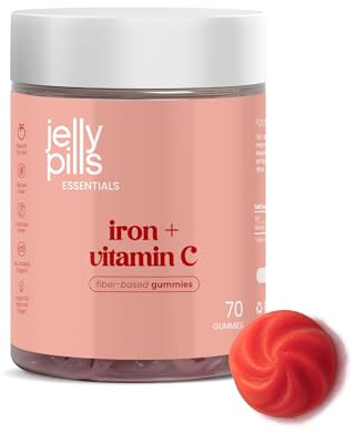 Jelly Pills Gummies Fer 14 mg + Vitamine C 15 mg – 70 Gummies Véganes – Sans Sucres Ajoutés – Goût Fruits Rouges – Soutient l’Énergie et Réduit la Fatigue