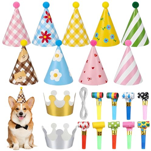 GWEOR 20 Piezas Gorros de Fiesta, Coronas y Sombreros Cónicos con Silbatos, Decoración para Cumpleaños de Niños, Perros y Gatos