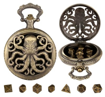 BTACGWP Dados DND y de rol, Set de 7 Piezas en Metal con Estuche Reloj de Bolsillo, Acabado Vintage, Almacenamiento Seguro y Rodada Controlada para Partidas de Mesa RPG