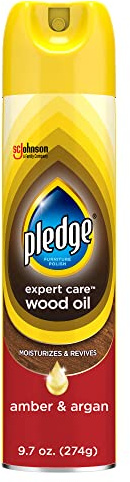 Pledge Moisturizing Wood Oil, Furniture Reviving and Protecting Conditioner and Dusting Spray, Revitalizes Wood, Sealed Leather and Laminate, Made with Mineral Oils - Amber & Argan Scent, 9.7oz