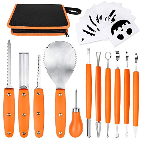 OWUDE Professional Pumpkin Carving Kit - 11 Piece Heavy Duty Stainless Steel Tools for Halloween with Carrying Case and 10 Pcs Carving Templates - Orange