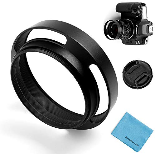 52mm Hollow Lens Hood Universal Metal Hollow Vented Tilted Curved Lens Hood Sunshade with Centre Pinch Lens Cap for Leica Canon Nikon Sony Pentax Olympus Fuji Camera + Microfiber Cleaning Cloth