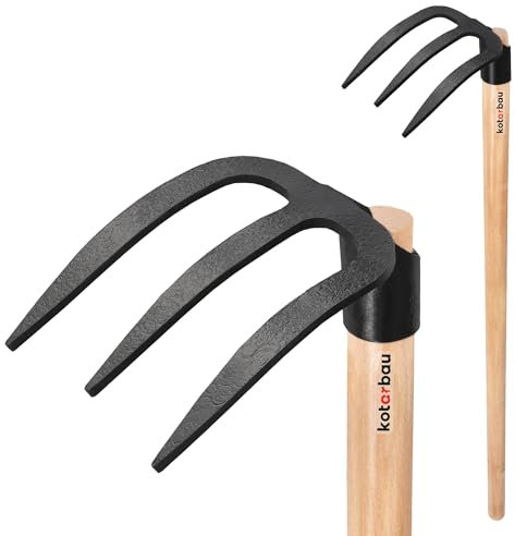 KOTARBAU® Horca para cavar de 3 dientes, Pala cosechadora para patatas, Horca con mango de madera 110 cm, Horca patatas, Herramientas de tierra para airear, desherbar y recolectar patatas, Horquilla