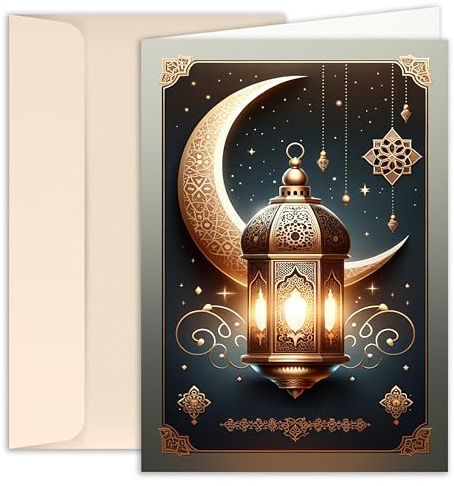 10 Ramadan Kareem fällbara kort med kuvert ljus på natten gratis kort Eid Mubarak tackkort sockerfest fest måne lykta grå svart guld