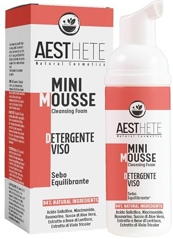 Mousse Detergente Viso con Acido Salicilico e Niacinamide – 50ml – Schiuma Purificante per Pelle Grassa, Mista e Sensibile – Struccante Occhi Delicato – Naturale Senza Alcool