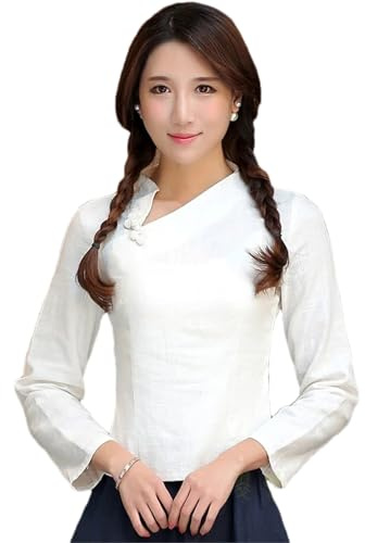 Eesuei Camisa, blusa, ropa tradicional china para mujer, blanco, L