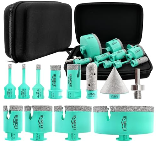 LEKOMESH Diamantkakelborr borrkronsats – 12 stycken (6/6/8/20/25/35/50/68/110 mm + 20 mm diamant fingerfräs 50 mm fasfräs + adapter) hålsåg för porslin, keramik, kakel, marmor, granit