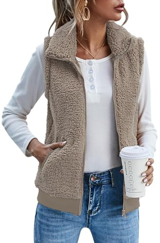 IECCP Teddy, gilet da donna in pile caldo senza maniche per autunno e inverno, giacca teddy con colletto alto, casual e leggera, gilet da donna per l'autunno con collo alto, cammello, S