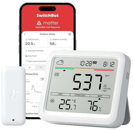 SwitchBot WLAN CO2-detektor, CO2-mätare med IP65-termometer hygrometer, luftkvalitetsmätare med CO2-larm, Bluetooth CO2-sensor med app, 2 års datalagring