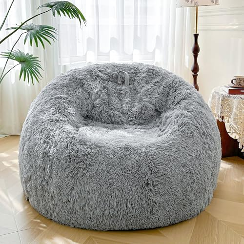 XeGe 5FT Giant Fluffy Bean Bag Chair Cover(No Filler), Ultra Soft Gray Faux Fur Stuffed Animal Storage Bean Bag, Plush Shaggy XL Large Beanbag for Living Room Bedroom Home Decor, Light Grey