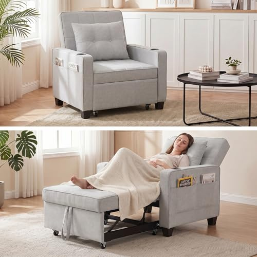 GRAVFORCE Sofa Bed Convertible 3 in 1 Sleeper Chair Bed with Adjustable Backrest Pull Out Sofa Single Sofa Bed Chairs for Small Space Living Room Light Gray