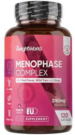 Integratore Menopausa 120 Capsule Vegane, 2150mg per Capsula, 1 al Giorno (4 Mesi), Integratori Donna con Trifoglio Rosso, Igname Selvatico, Salvia, Zinco, Magnesio, Ferro, Vitamine B6, B9, B12 e D3