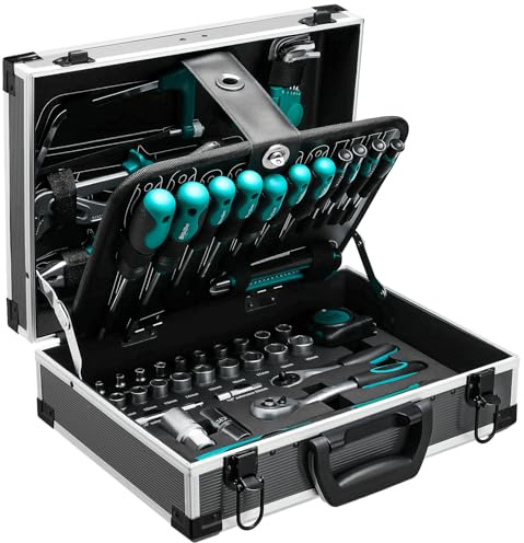 TLGREEN Maletín de herramientas de aluminio lleno de 107 piezas, caja de herramientas, caja de herramientas equipada con llave de tubo, destornillador, etc. para manualidades, bricolaje, hogar, taller