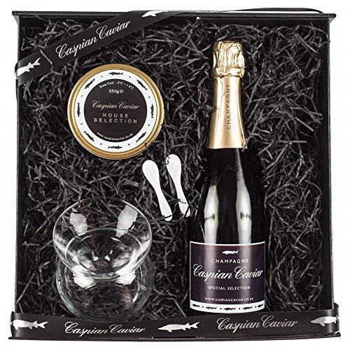 Caspian Caviar House Fizz Gift Set 125g | Luxury Caviar & Champagne Gift Box with Glass Bowl & Spoons | Premium Siberian Sturgeon Caviar | Elegant Magnetic Gift Packaging