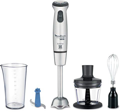 Moulinex Batidora de mano Infinity Force Ultimate - Batidora con accesorios 4 en 1, 1000 W con 25 velocidades y turbo, 4 cuchillas, incluye picadora, vaso medidor, varilla batidora y cuchilla hielo