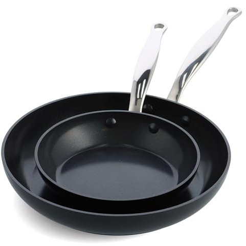 GreenPan Barcelona Hard Anodized Healthy Ceramic Nonstick 2-Piece Frying Pan Skillet Set, 20 cm & 28 cm, PFAS Free, Stainles Steel Handle, Extra Strong Scratch Resistant, Induction, Oven Safe, Black