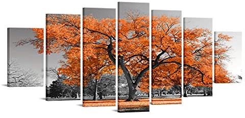 7 Panel Xlarge Tree Wall Art Decor Tree of Life Canvas Prints Natural Landscape Painting Picture Contemporary Framed Artwork for Kitchen Chic Decor Living Room(Orange)