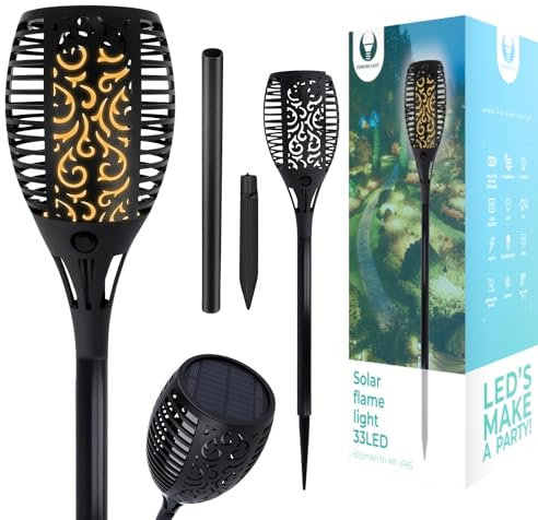 FOREVER Torche de Jardin à LED alimentée par l'énergie Solaire/Lampe d'extérieur pour Chemin de Jardin / 33 LED / IP65 / 10 cm de diamètre / 61 cm de Hauteur/Noir/Effet de Flamme/Effet de feu