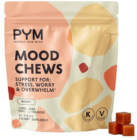 PYM Berry Mood Chews Support for Stress, Worry & Overwhelm, 60 Count | 130mg GABA, 90mg L-Theanine | Vegan,Non-GMO, Gluten-Free,No Added Sugar | All-Natural Mood Balance Supplement in Resealable Bag