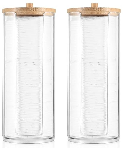 AIMIXUN 2 Stück Wattepads Aufbewahrung Behälter mit Bambusdeckel, Acryl Wattepadspender, Wattepads Organizer, Aufbewahrung Badezimmer, Wattepads Halter für Haarband, Krawatte