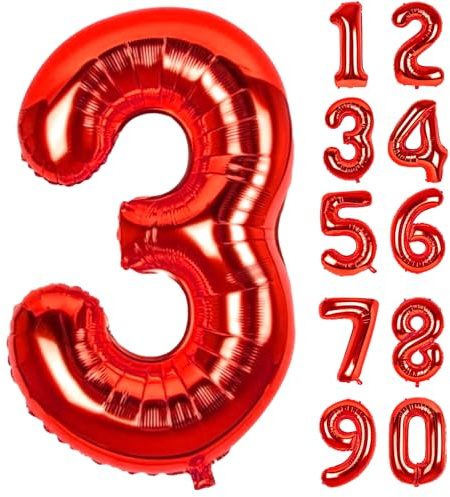 LAPONO Palloncini Compleanno 3 Numero Rossi, Numeri Elio Giganti (83cm) Palloncini Gonfiar Foil Palloncino Decorazioni Festa Compleanno Anniversario Battesimo Laurea