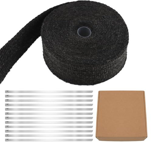 Hitzeschutzband 2 Stück, AFNCX Hitzeschutzband Auspuff 15M mit 12 Edelstahl Kabelbinder, für Motorrad Fächerkrümmer Thermoband Krümmerband Schwarz (2)