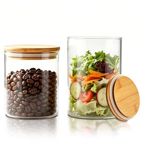 HomeyHoney Vorratsgläser mit Deckel,Vorratsdosen Glas mit Bambusdeckel 2er Set,Rund Vorratsglas mit Deckel Luftdicht Küche,Glasbehälter für Getreide,Gewürze,Aufbewahrung,950+500 ml