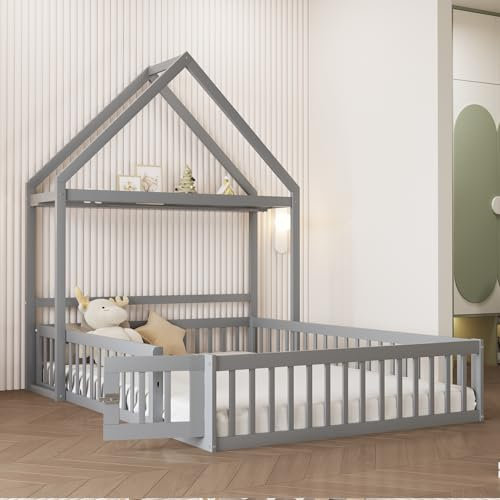 BNUZ Cuna de 140 x 200 cm, estructura de madera maciza con espacio de almacenamiento, rejilla de protección completa, puertas y somier, color gris