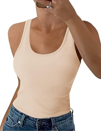 Aottori Canotta Donna Senza Maniche Canottiera con Collo Rotondo Elegante Top a Costine Estive Camicetta Aderente Elasticizzata Camisole Sexy Beige M
