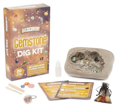 Toy Mania Gemstone Dig Kit for Kids - 20 Gemstones Excavation Set with Plaster Block, Digging Tools, Brush & Identification Guide - Educational STEM Activity for Geology Learning
