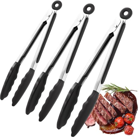 Pinzas de cocina – 3 puntas de silicona antiadherentes de acero inoxidable | Pinzas de alimentos, agarre resistente al calor, cocina, ensalada, servir barbacoa, utensilios de camping, pinzas para asar