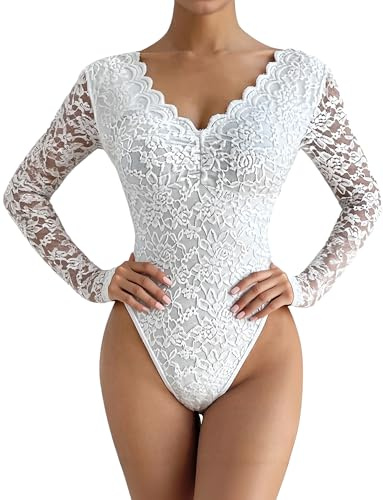 Maeau - Body Transparente Encaje Mujer Sexy Cuello en V Profundo Floral Mono Mangas Largas XS-L